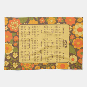 Volljahreskalender - Retro-Blumen - Grün Braun Geschirrtuch