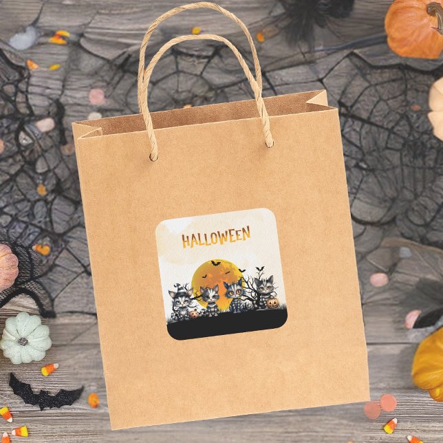 Vollmond Adorable Spooky Halloween Geisterkätzchen Quadratischer Aufkleber (Von Creator hochgeladen)