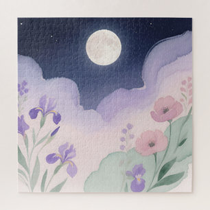 Vollmond Aquarell Iris Blumen Nacht