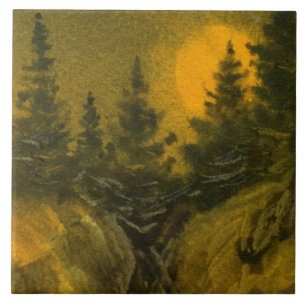 Vollmond auf Pinien auf Bergfelsen Fliese