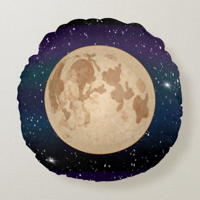 Vollmond auf Starry Night Hand gezogen Rundes Kissen (Vorderseite)