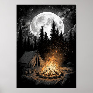 Vollmond-Berg-Camping-Lagerfeuer-Kunstposter Poster