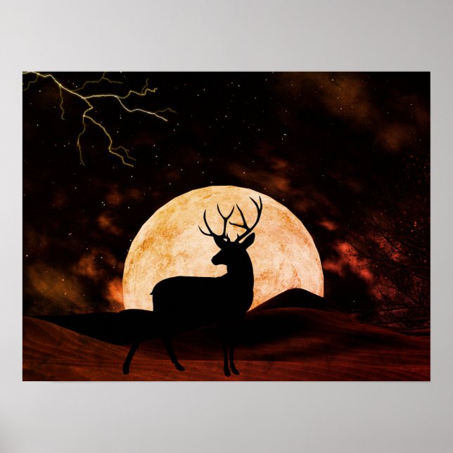 Vollmond, Blitz und Silhouette Buck Poster (Vorne)