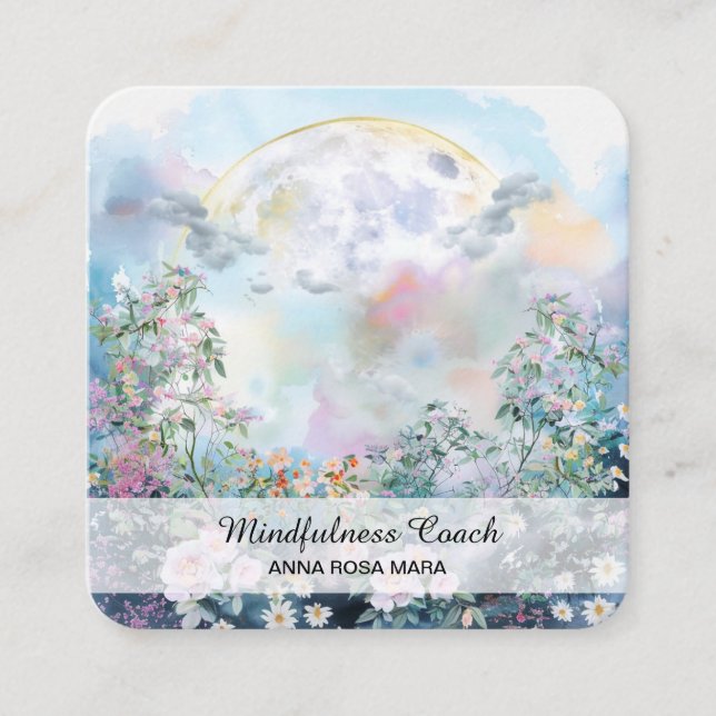 *~*Vollmond Blume QR Floral AP70 Ethereal Blau Quadratische Visitenkarte (Vorderseite)
