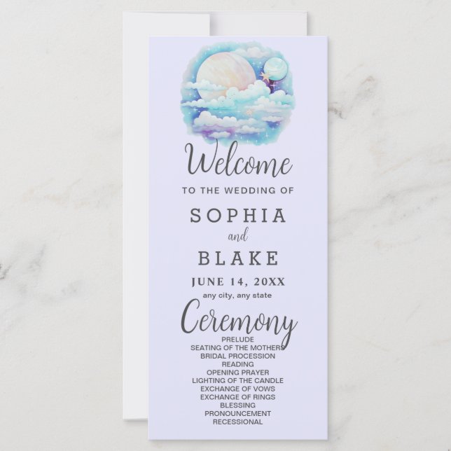 Vollmond Celestial Stars Lavender Wedding Programm (Vorderseite)