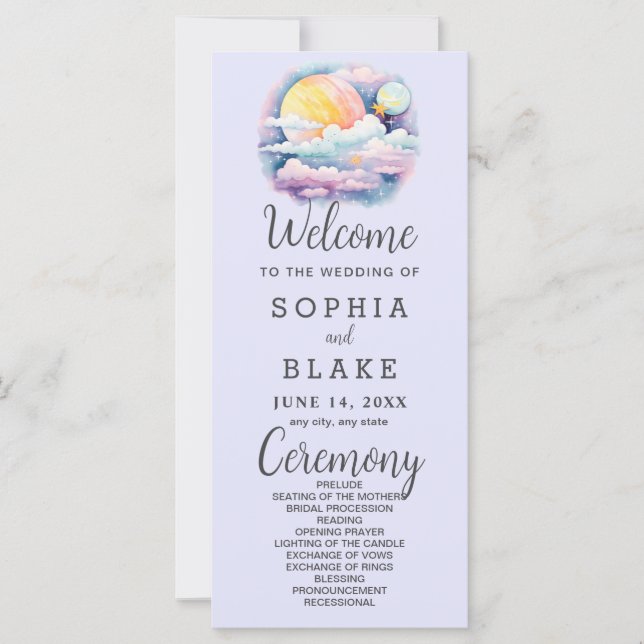 Vollmond Celestial Stars Lavender Wedding Programm (Vorderseite)
