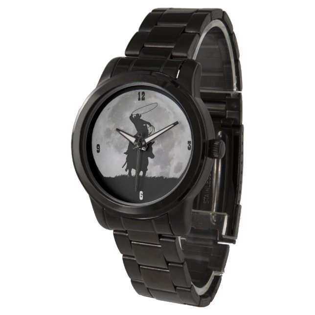 Vollmond Cowboy Roping vom Pferderand Armbanduhr (Schrägansicht)