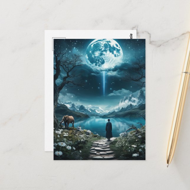 Vollmond-Elefant und Frau Postkarte (Vorderseite/Rückseite Beispiel)
