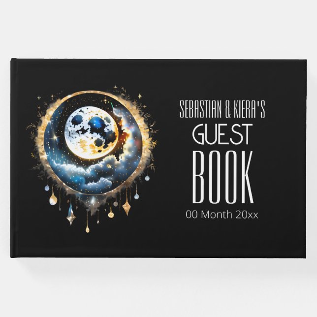 Vollmond Himmelsschwarz Gold Blau Luna Chic Gästebuch (Vorderseite)