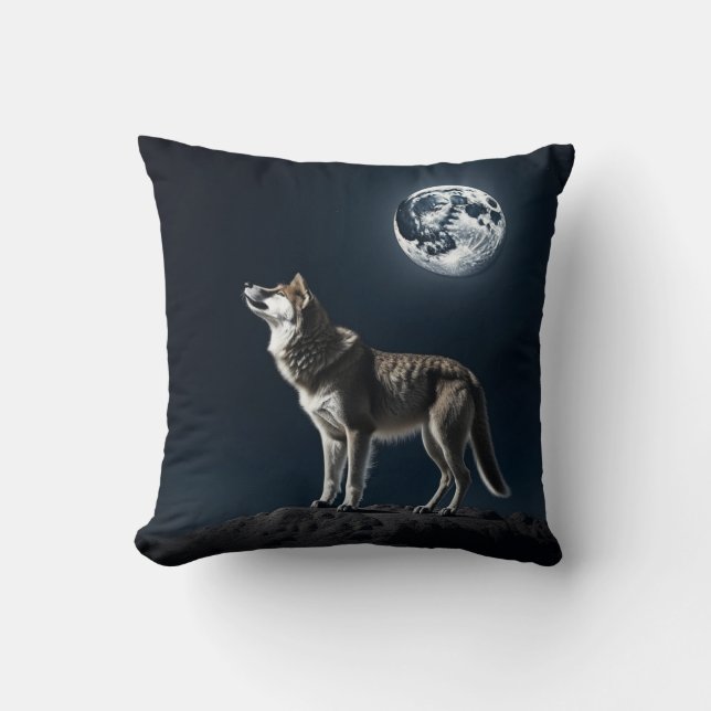 Vollmond leuchtet auf dem Wolf Kissen (Vorderseite)