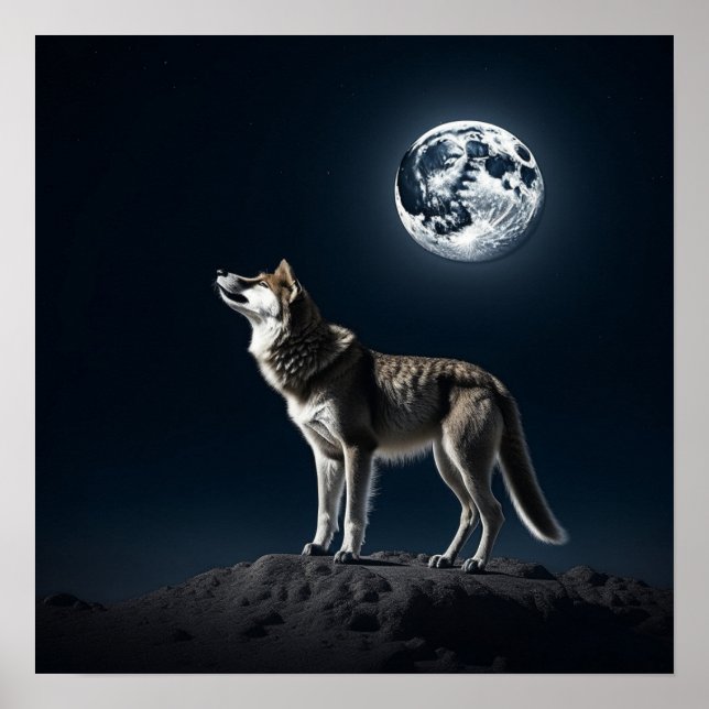 Vollmond leuchtet auf dem Wolf Poster (Vorne)