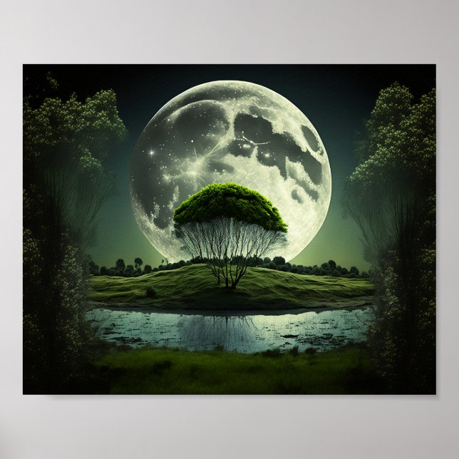 Vollmond mit Baum und Fluss Poster (Vorne)