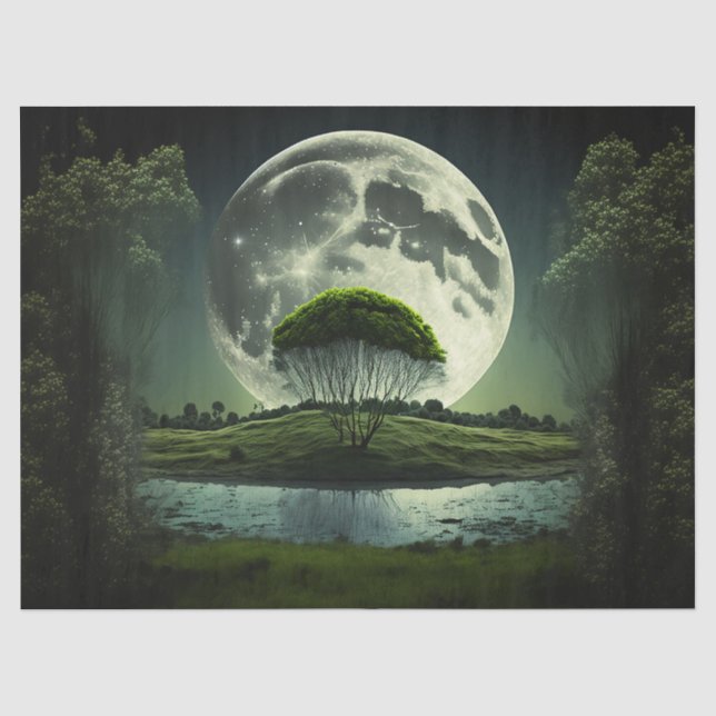 Vollmond mit Baum und Flussdekoupage Seidenpapier (Vorderseite)