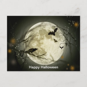 Vollmond mit einer Krähe und Fledermäusen Postkarte