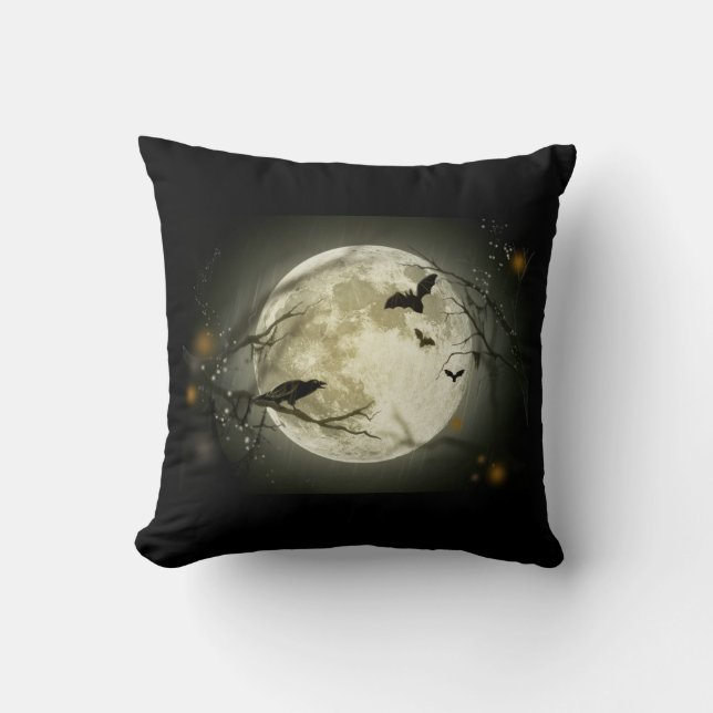 Vollmond mit Fledermäusen und Raven Kissen (Vorderseite)