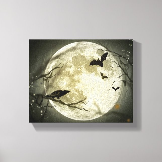 Vollmond mit Fledermäusen und Raven. Leinwanddruck (Vorderseite)