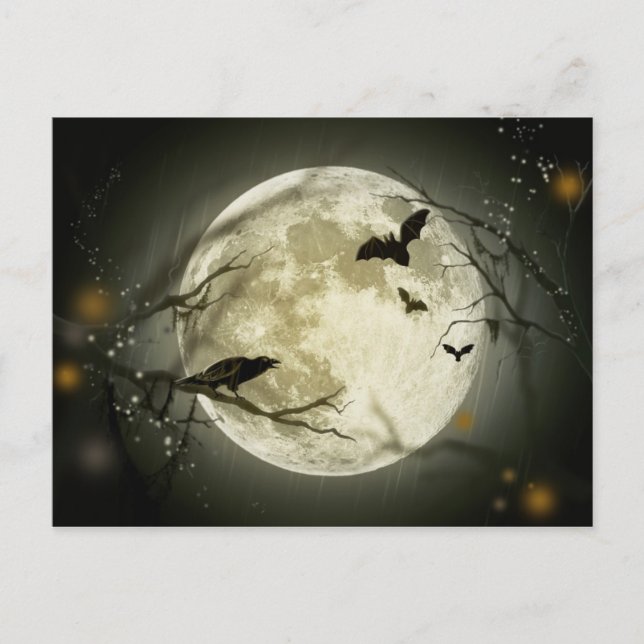 Vollmond mit Fledermäusen und Raven Postkarte (Vorderseite)