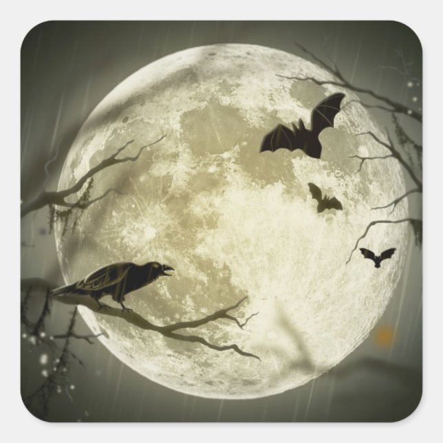 Vollmond mit Fledermäusen und Raven Quadratischer Aufkleber (Vorderseite)