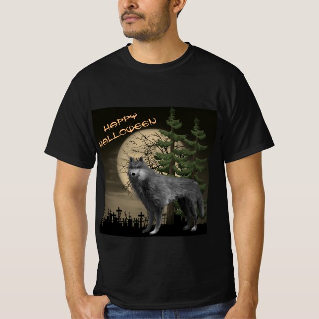 Vollmond mit grauem Wolf Happy Halloween T-Shirt (Vorderseite)