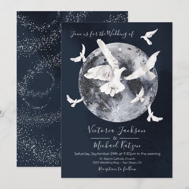 Vollmond mit Tauben Hochzeitseinladungen Einladung (Vorne/Hinten)