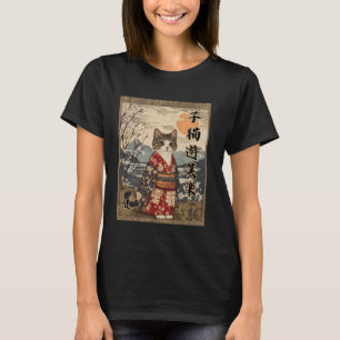 Vollmond Nacht Katze Niedlich Kimono Blumen Kanji T-Shirt