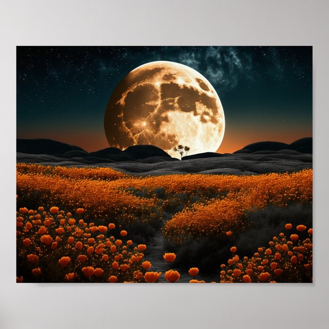 Vollmond-Orange-Feld der Blume Poster (Vorne)