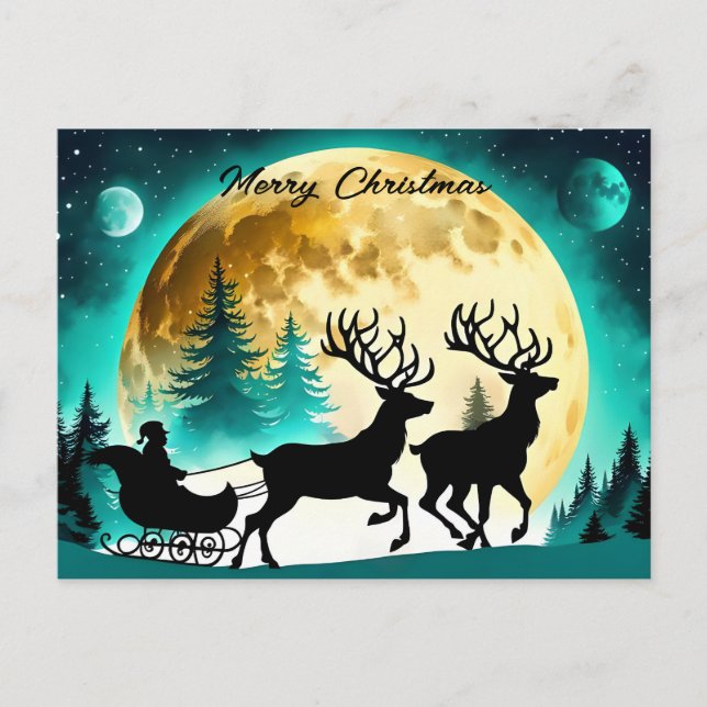 Vollmond Rentier und Sleigh Feiertagspostkarte (Vorderseite)