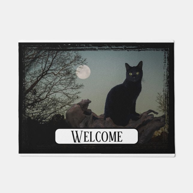 Vollmond Schwarze Katze auf einem Baum Fußmatte (Vorderseite)