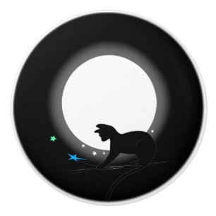 Vollmond-Schwarze Katze und Sterne Keramikknauf