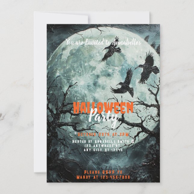 Vollmond Schwarze Vögel Creepisches Halloween-Part Einladung (Vorderseite)