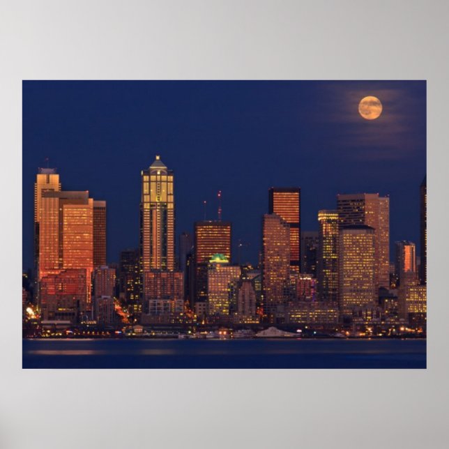 Vollmond steigt über die Skyline der Innenstadt vo Poster (Vorne)