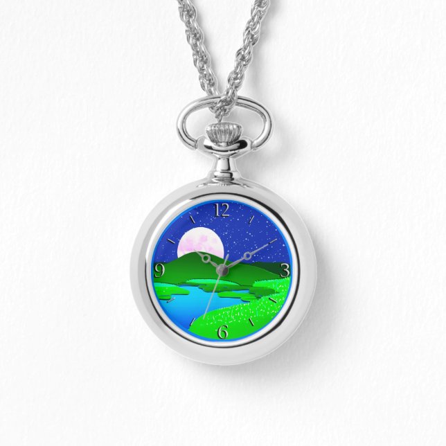 Vollmond steigt über grüne Hügel Armbanduhr (Vorderseite)