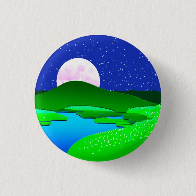 Vollmond steigt über grüne Hügel Button (Vorderseite)