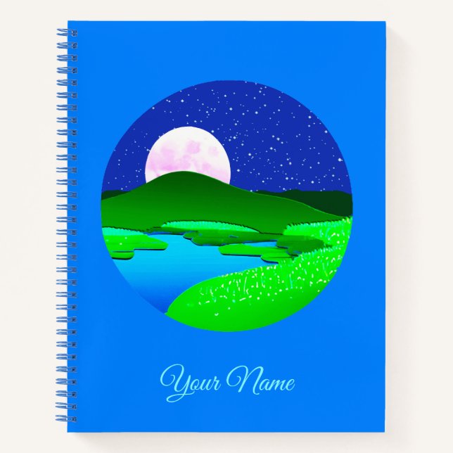 Vollmond steigt über grüne Hügel Notizbuch (Vorderseite)