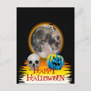 Vollmond, Totenkopf und blauer Kürbis bei Nacht. Postkarte