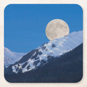Vollmond über dem Alyeska-Skigebiet, Alaska Rechteckiger Pappuntersetzer