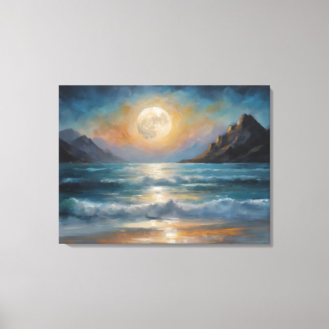 Vollmond über dem Ozean mit einem Berg Leinwanddruck (Vorderseite)