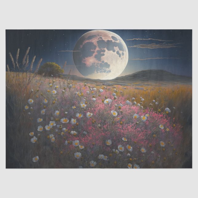 Vollmond über rosafarbenes Feld der Blume Seidenpapier (Vorderseite)