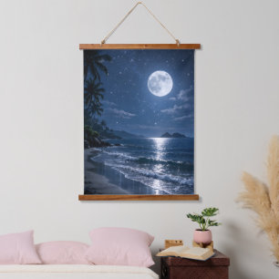 Vollmond über tropischem Strand Nacht Acryl Wandteppich Mit Holzrahmen