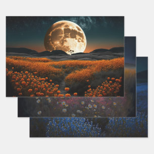 Vollmond und Blume Geschenkpapier Set