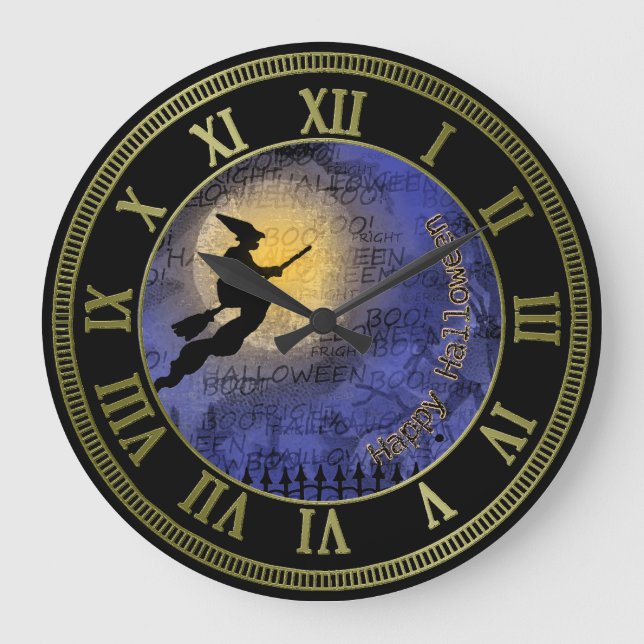 Vollmond und Hexe Halloweens Große Wanduhr (Vorderseite)