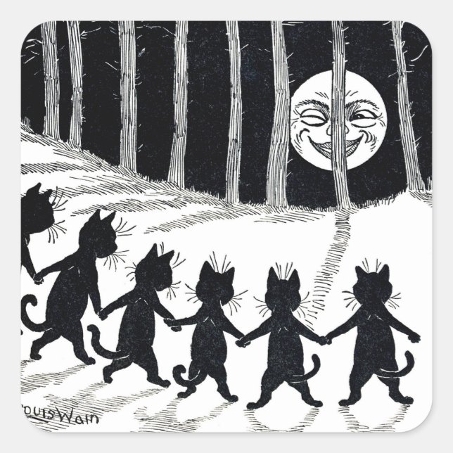 Vollmond und Katzen, Louis Wain Quadratischer Aufkleber (Vorderseite)