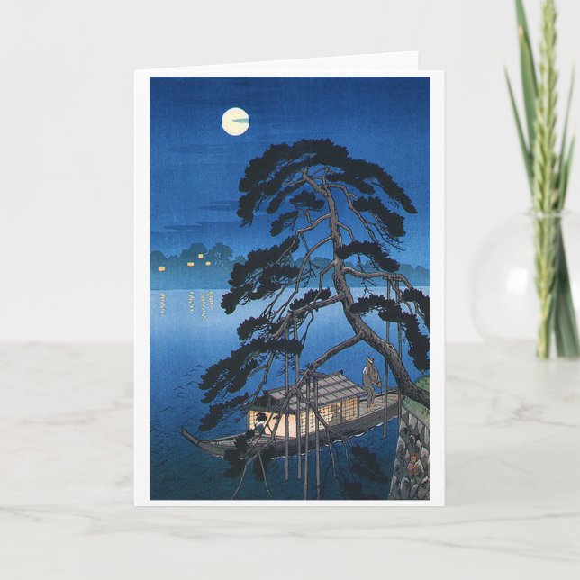 Vollmond und Kiefernbaum, Koho Shoda, Holzschnitt Karte (Vorderseite)