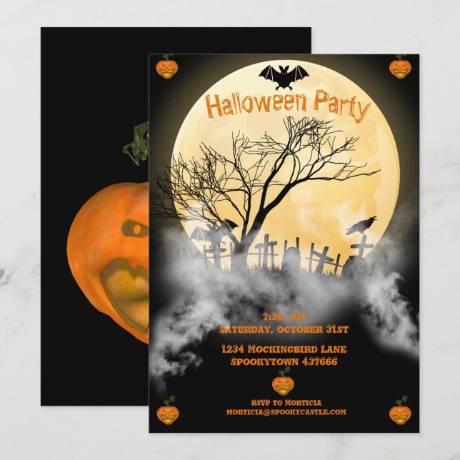 Vollmond und Spuk Friedhof Halloween Einladung (Vorne/Hinten)