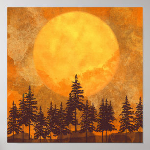 Vollmond-Wald-Wasserfarbenposter Poster
