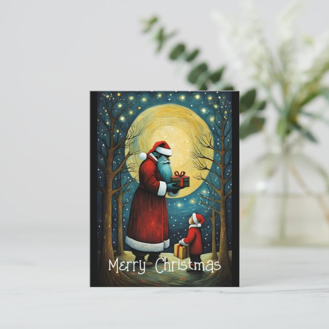 Vollmond Weihnachtsmann mit Weihnachtsgeschenk für Postkarte (Stehend Vorderseite)