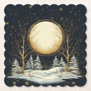 Vollmond Winter Kiefernwald Schneeflocken Untersetzer
