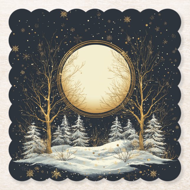 Vollmond Winter Kiefernwald Schneeflocken Untersetzer (Vorderseite)