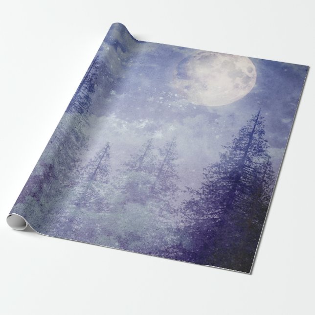 Vollmond Winter Pine Tree Forest Geschenkpapier (Ungerollt)