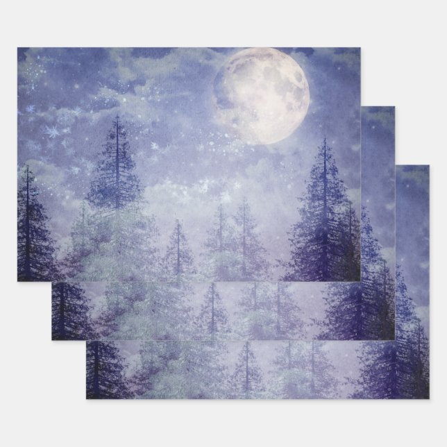 Vollmond Winter Pine Tree Forest Geschenkpapier Set (Set)
